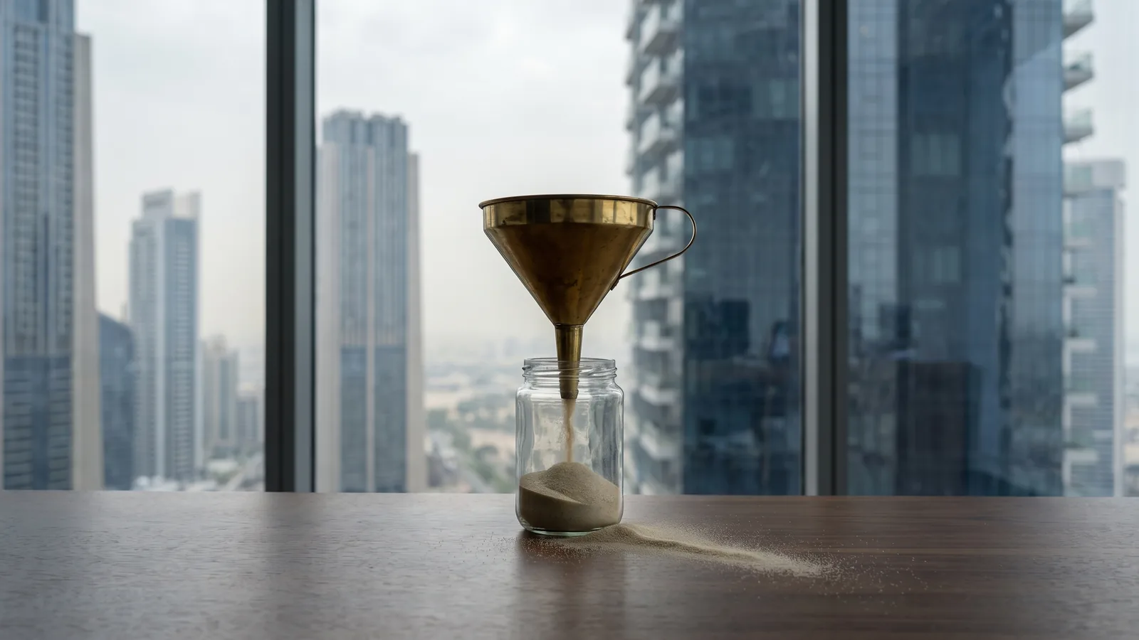 A brass funnel on a walnut desk pouring sand into a glass jar while a trickle of grains spills onto the desk, Dubai towers behind the window
