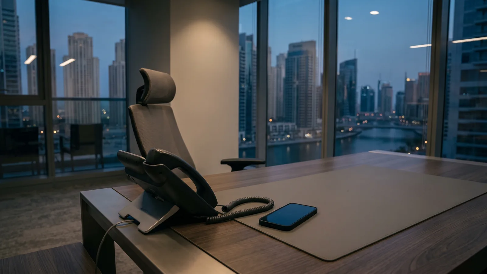 An unattended desk in a Dubai brokerage office at dusk, with a desk phone off its cradle and a smartphone face-down, Dubai Marina towers through the window