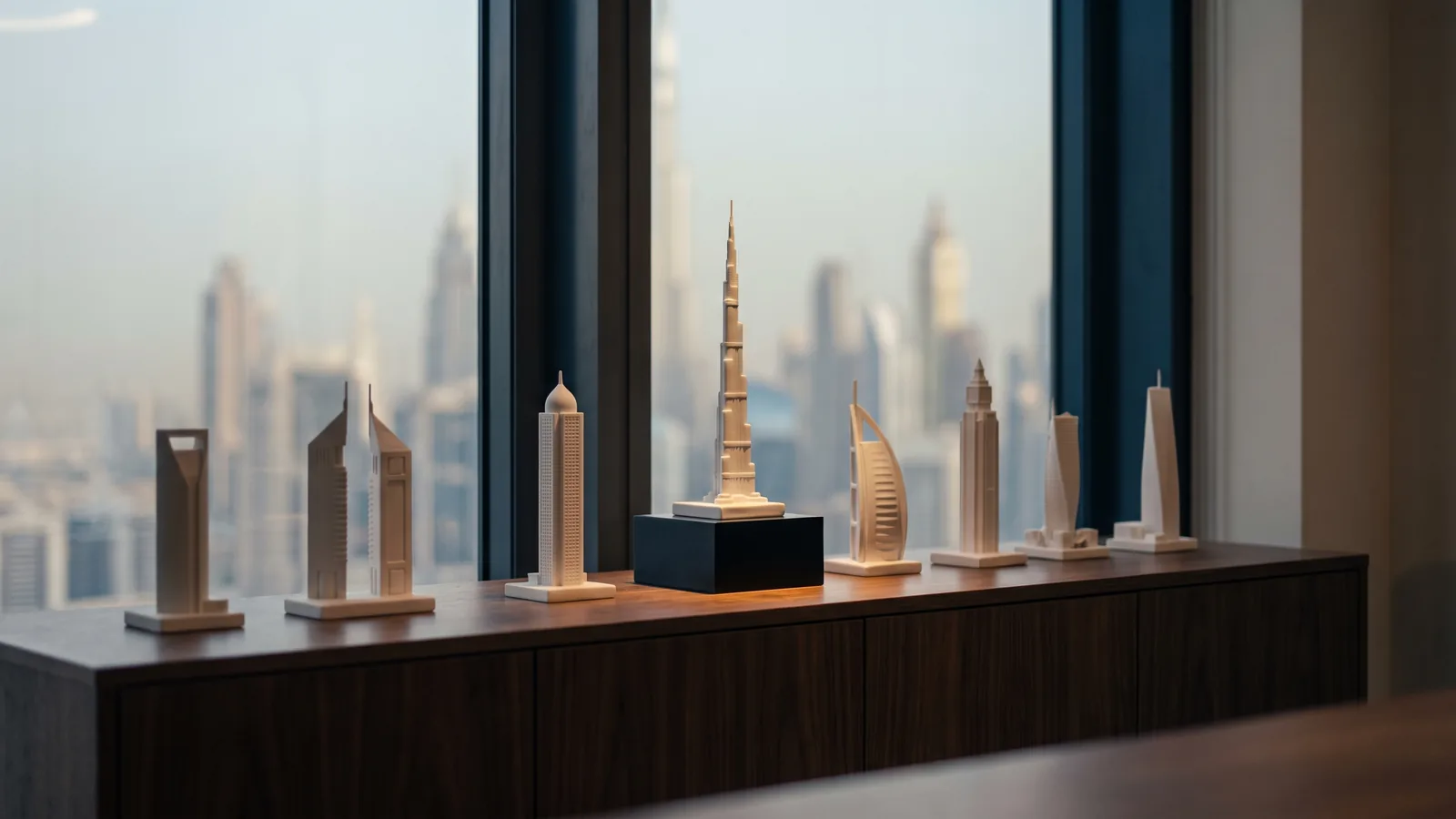 A line of small white models of Dubai towers along a walnut sideboard, one raised on a black plinth under a spotlight, the skyline behind
