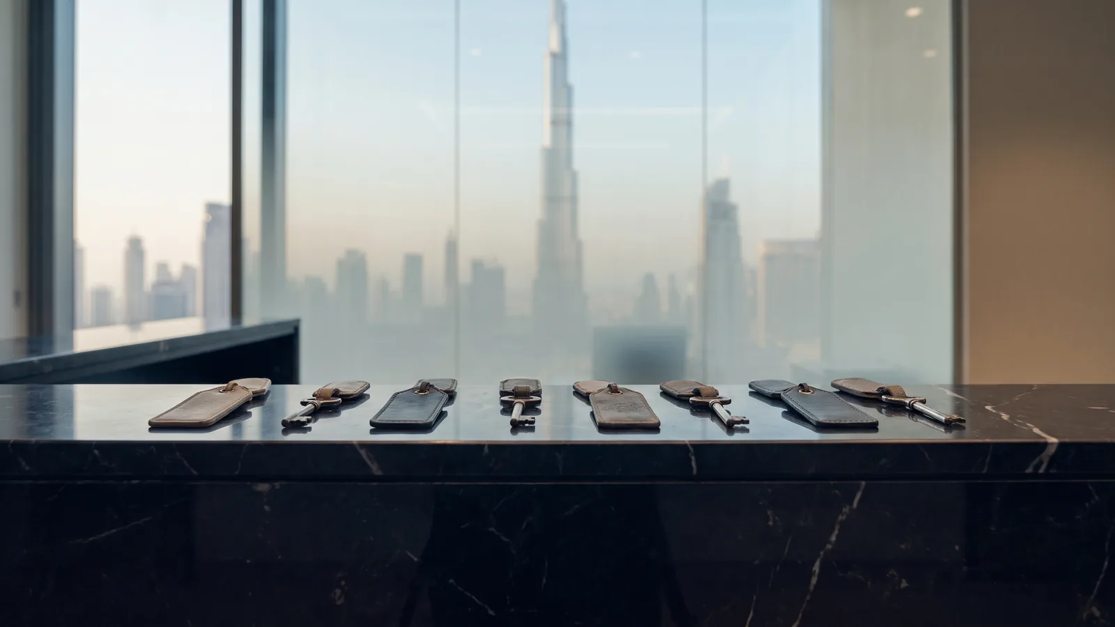 A row of house keys on leather tags laid out along a dark marble reception counter in a Dubai brokerage, with the city skyline behind in morning light