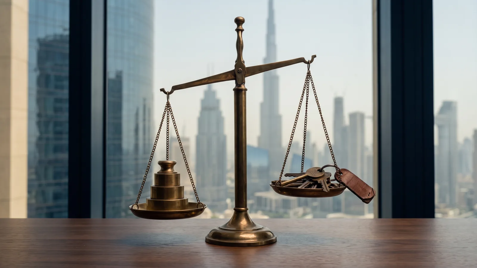A brass balance scale on a desk with stacked weights on one pan and a bunch of house keys on the other, tipped toward the weights, Dubai skyline behind
