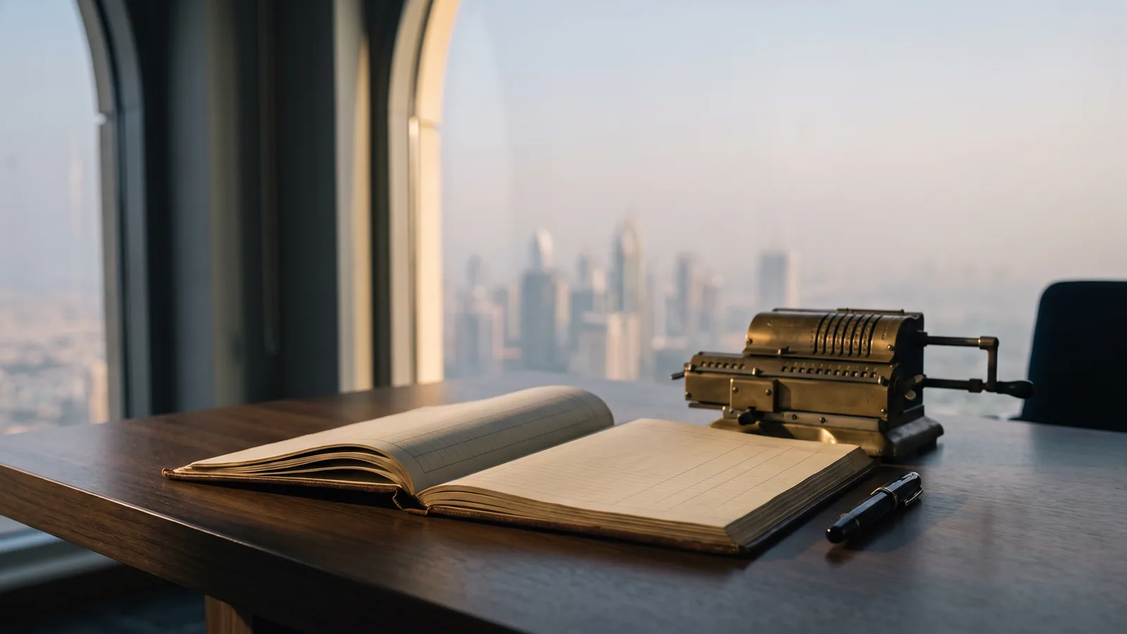 An open leather ledger with blank pages beside a brass adding machine and a fountain pen on a walnut desk, Downtown Dubai soft in the window
