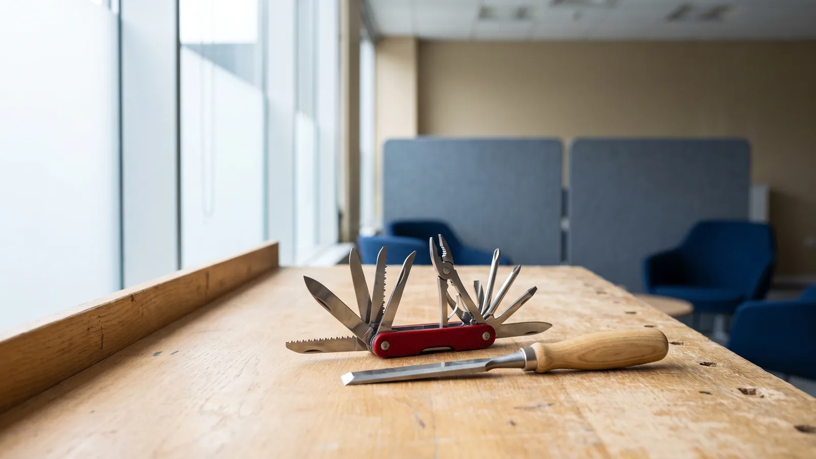 A red folding multi-tool with every blade fanned open beside a single carpenter's chisel on a light oak workbench