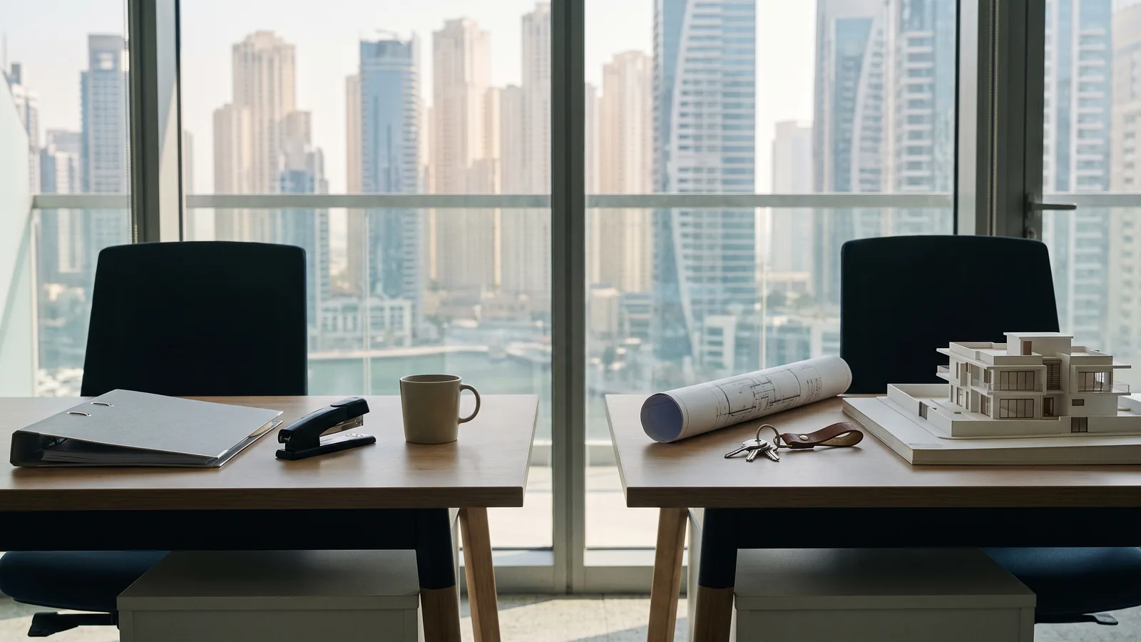 Two desks side by side in a Dubai office: a generic corporate workstation and a real-estate desk with house keys, a rolled floor plan and a villa scale model