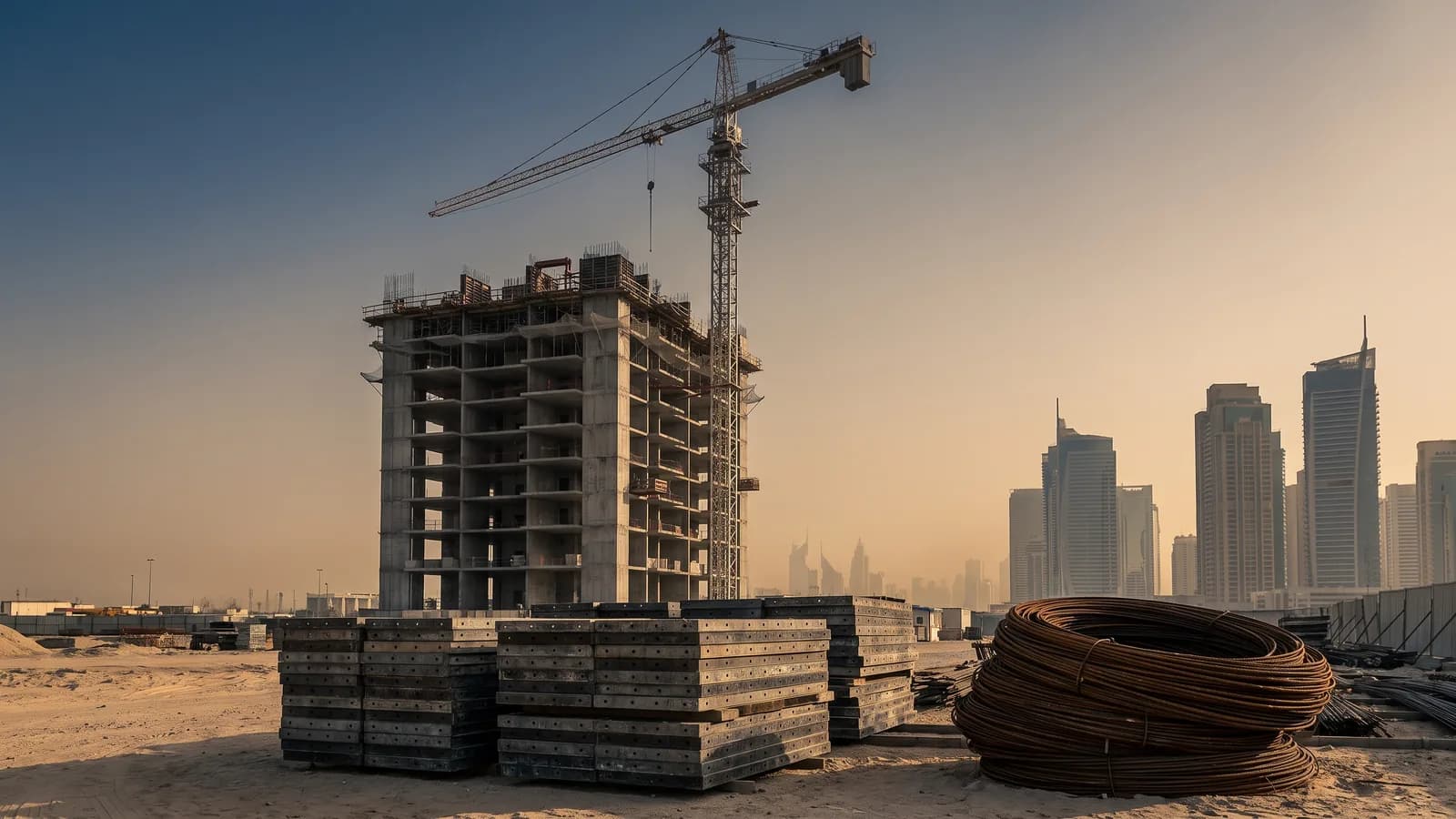 A concrete residential tower under construction beneath a tower crane at golden hour, with stacked formwork panels and a coil of rebar in the foreground