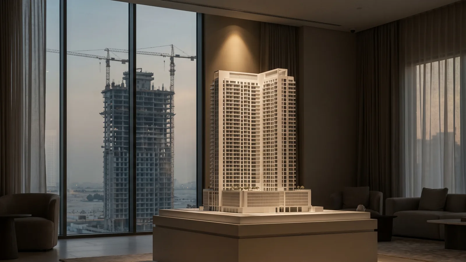 A white architectural scale model of a residential tower under a spotlight in a Dubai sales centre, with the real tower under construction behind the window