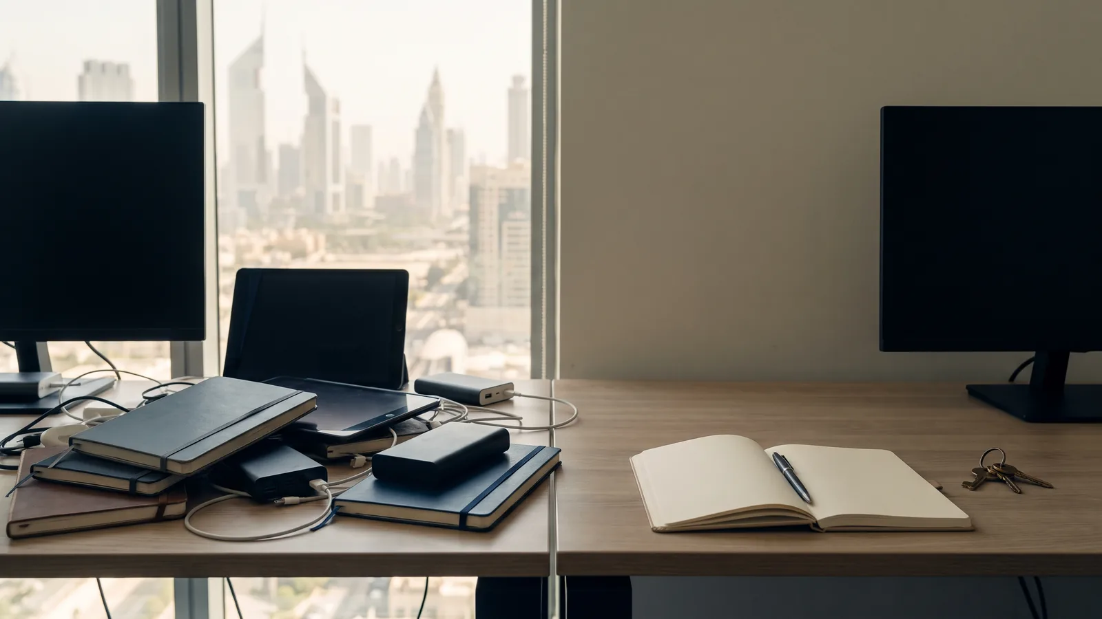 Two adjacent desks in a Dubai brokerage: one crowded with mismatched notebooks and devices, one clear except for a single notebook, a pen and a set of keys
