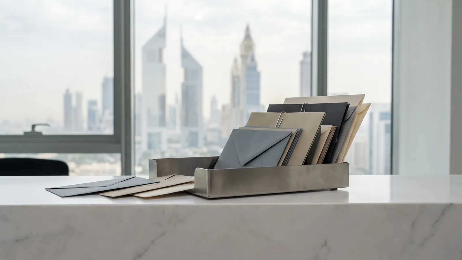 A brushed-steel in-tray on a marble reception desk gathering envelopes of different sizes and colours, Dubai towers behind the window