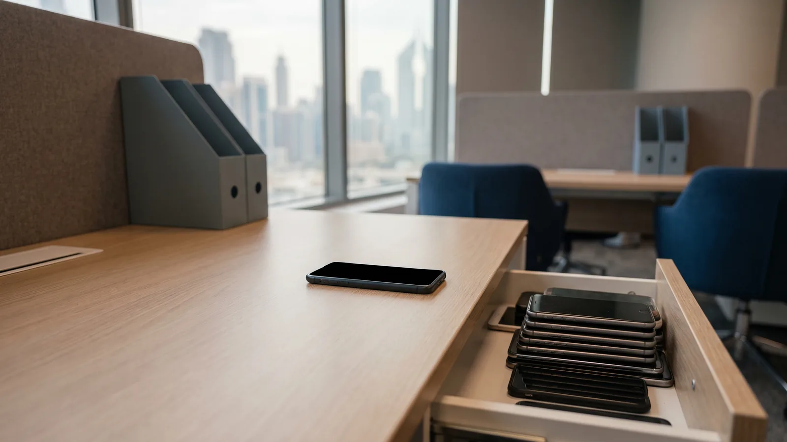 One smartphone centred on a clean oak desk in a Dubai brokerage while an open drawer beside it holds a stack of older phones put away