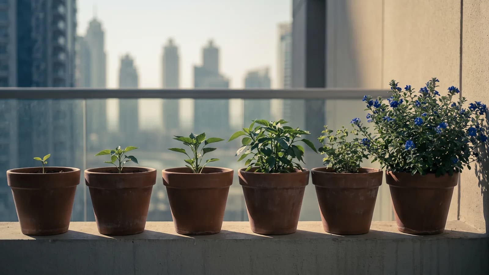 Six terracotta pots on a sunny balcony ledge holding the same plant at rising stages of growth, from a sprout to a flowering plant, Dubai towers behind