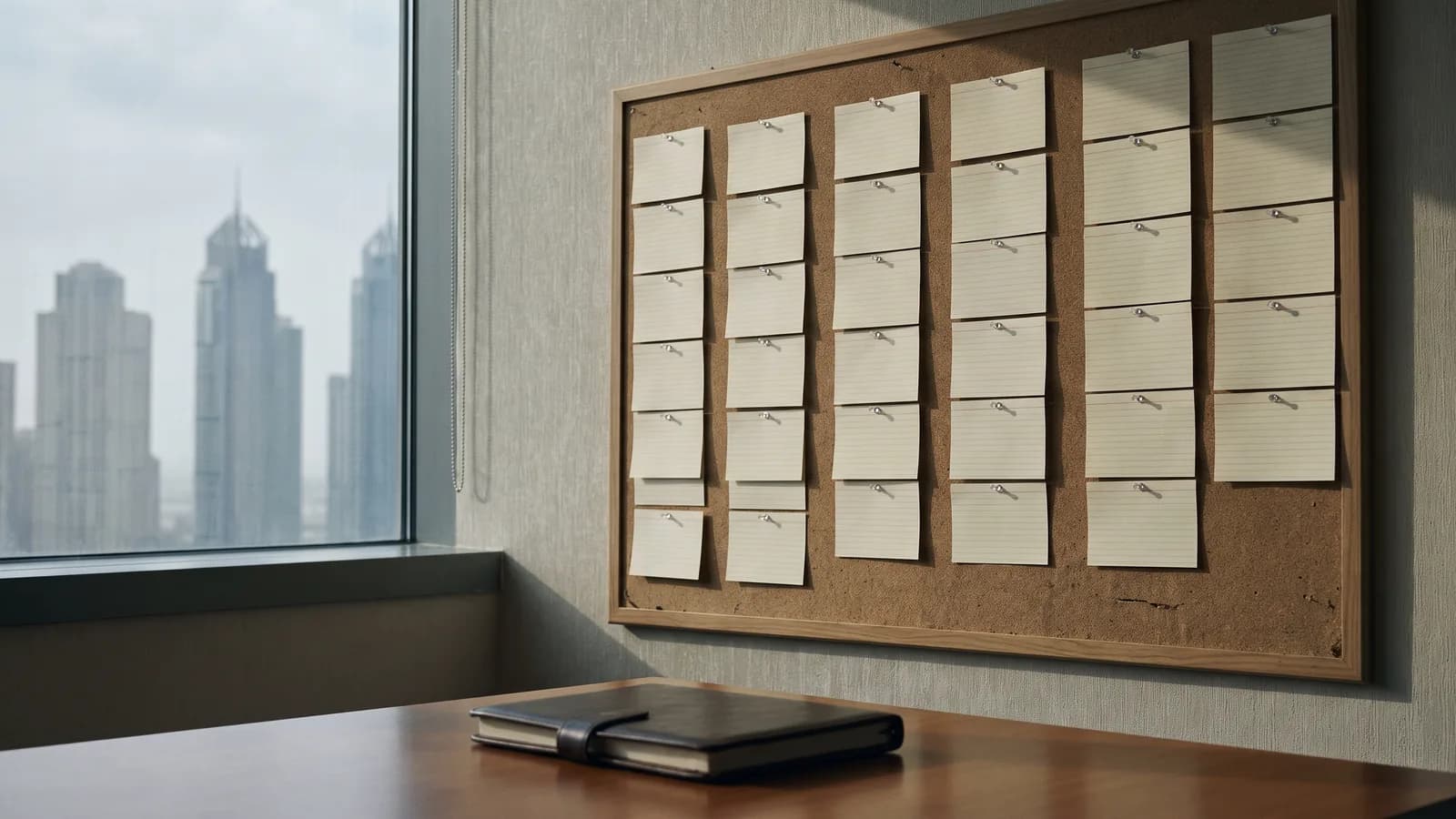 A cork pinboard in a Dubai brokerage office holding neat columns of blank index cards, with a closed notebook on the desk in front and Dubai towers in the window