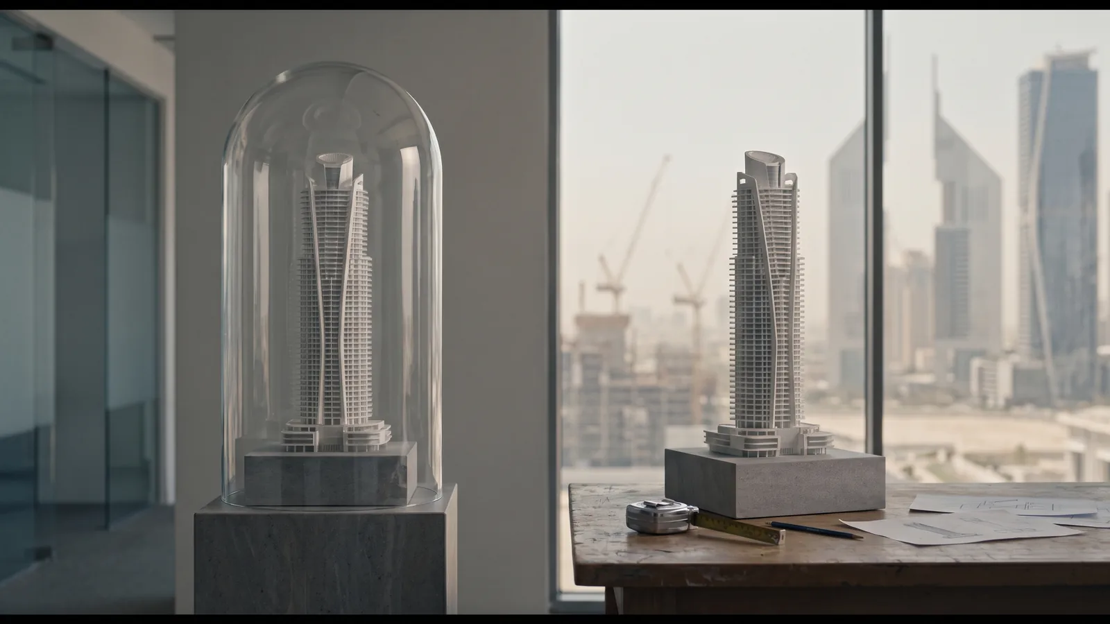 Two identical white scale models of a Dubai tower on plinths, one sealed under a glass display dome and one open on a working desk beside a tape measure