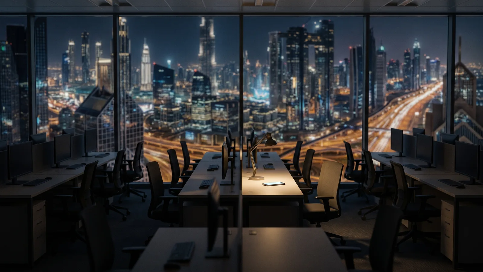 A Dubai brokerage office late at night with every desk dark except one, where a desk lamp is on and a phone lies lit up, city lights outside