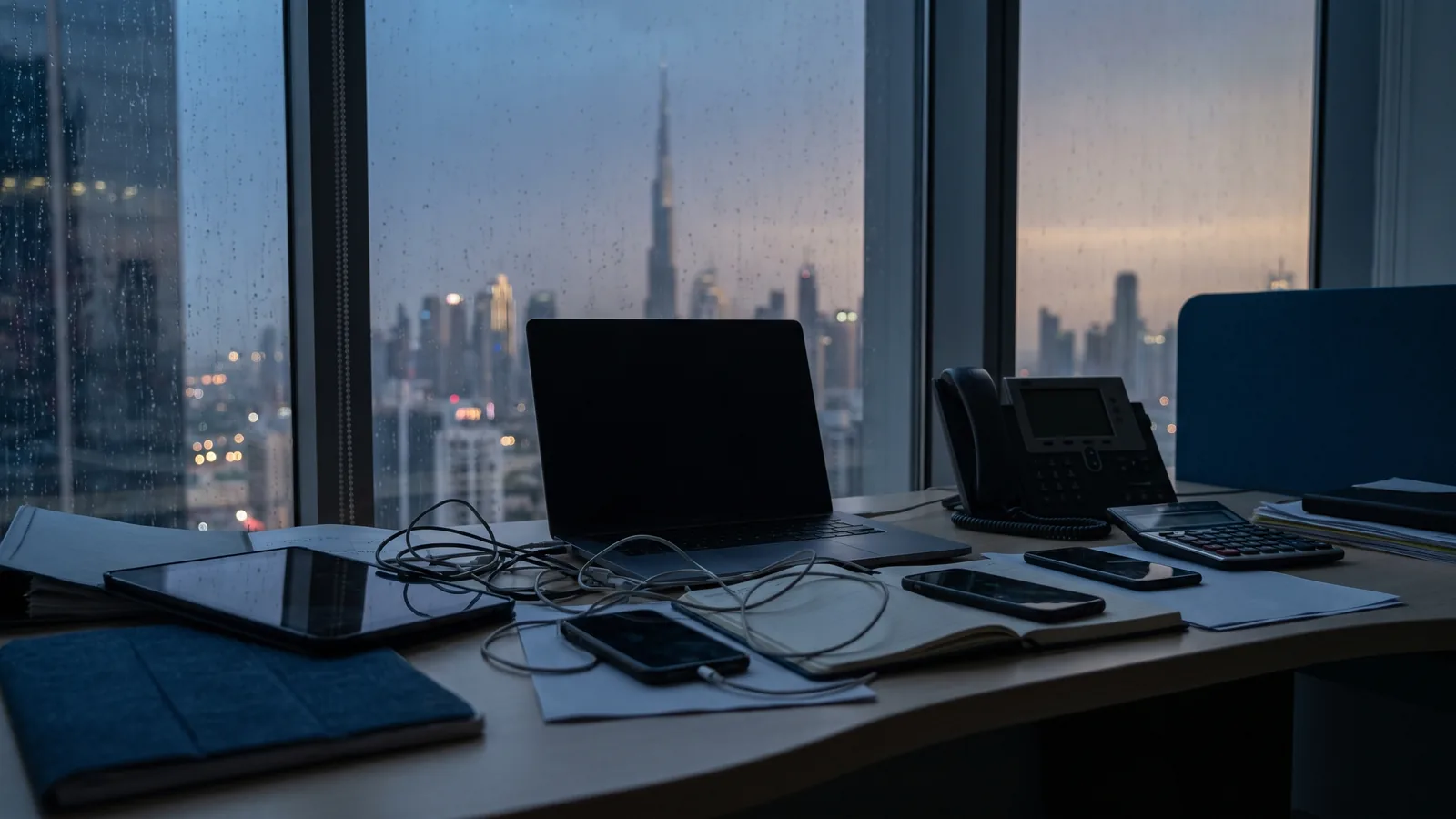 A brokerage desk buried under six separate devices and notebooks with their charging cables tangled together, in evening light