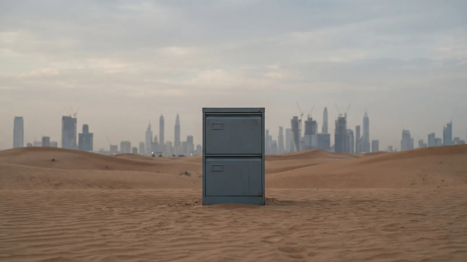 A grey office filing cabinet standing alone on desert sand outside Dubai, with the city skyline far in the background