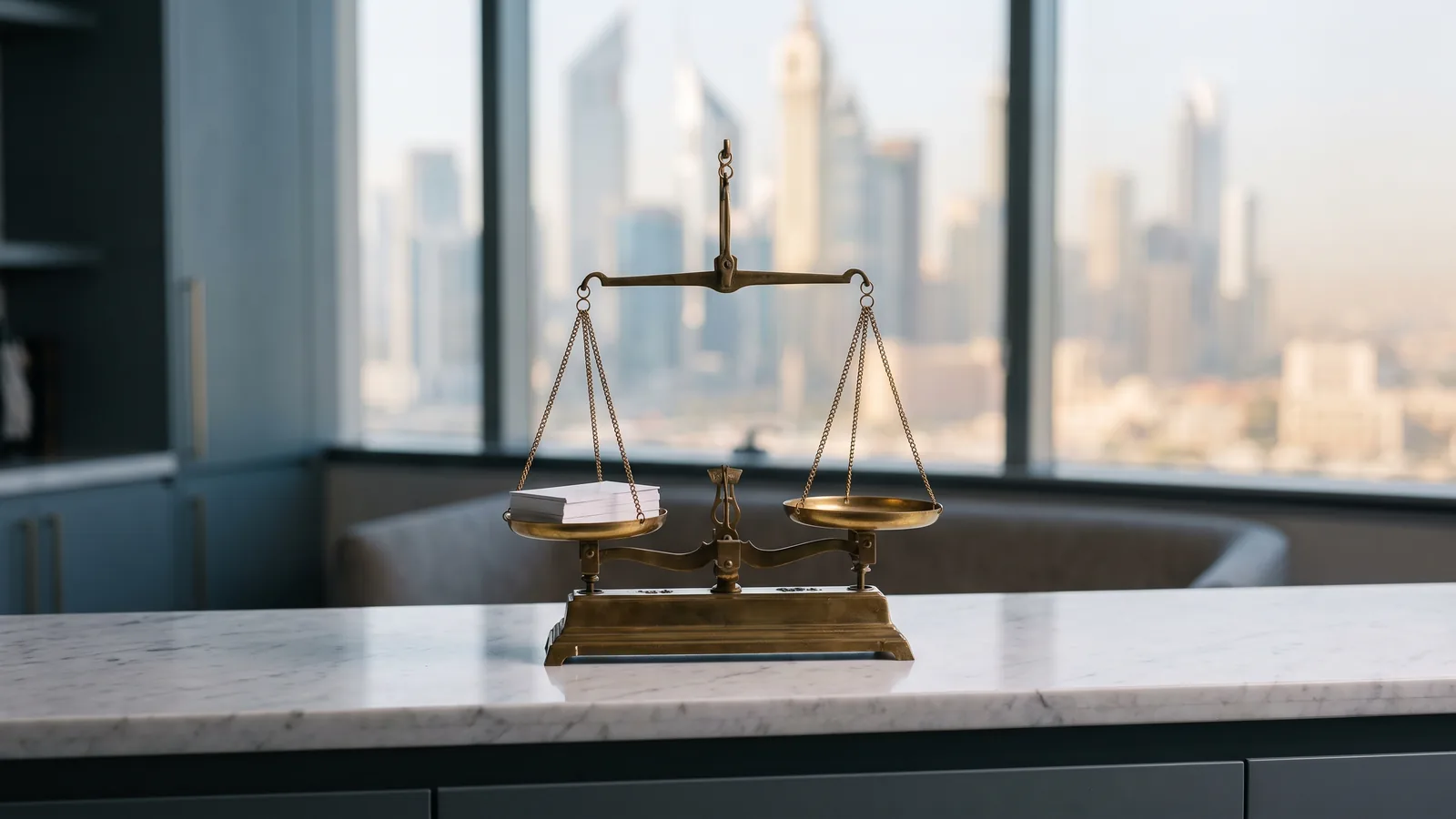 A brass balance scale on a marble counter with small blank cards on one pan, in morning light with the Dubai skyline behind