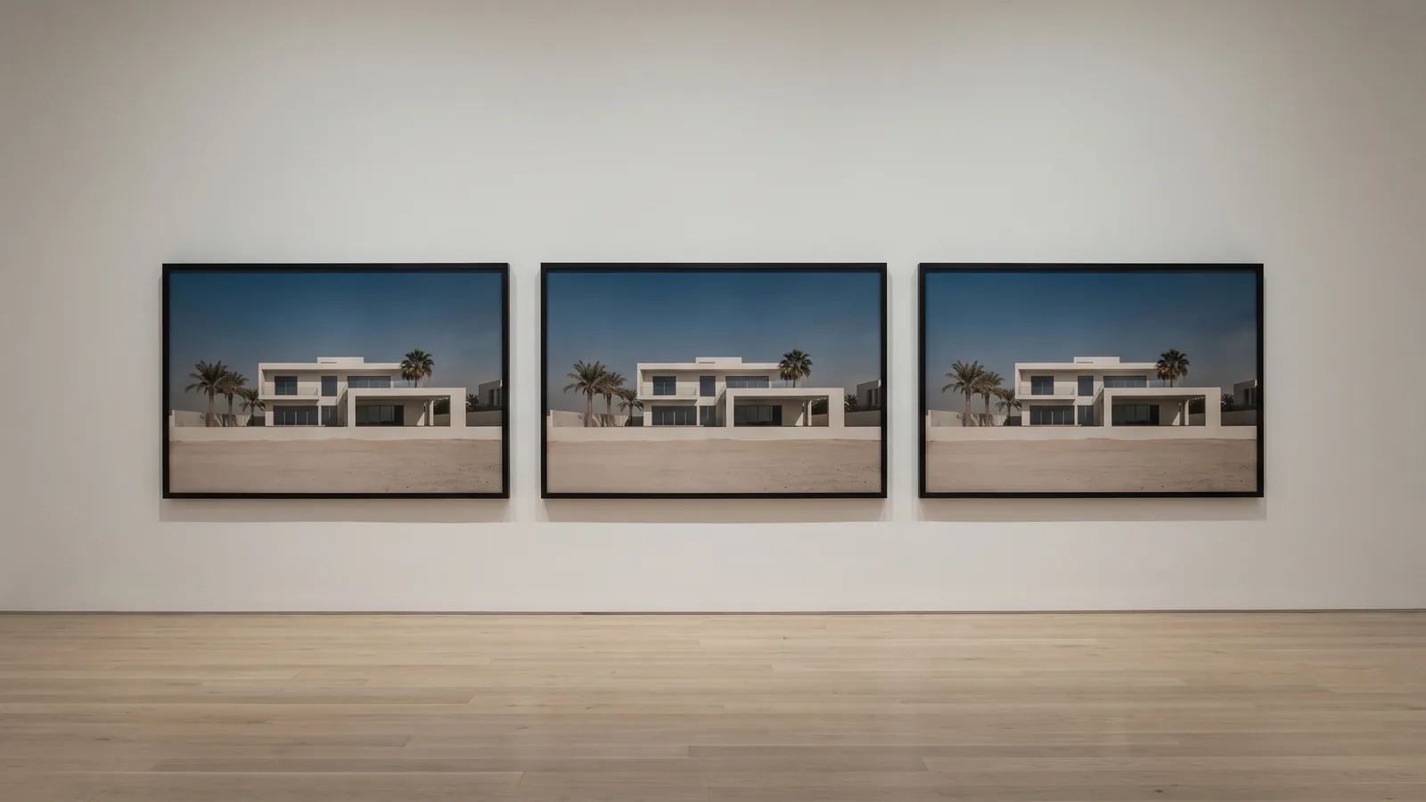 Three identical framed photographs of the same white Dubai villa hung in a row on a gallery wall