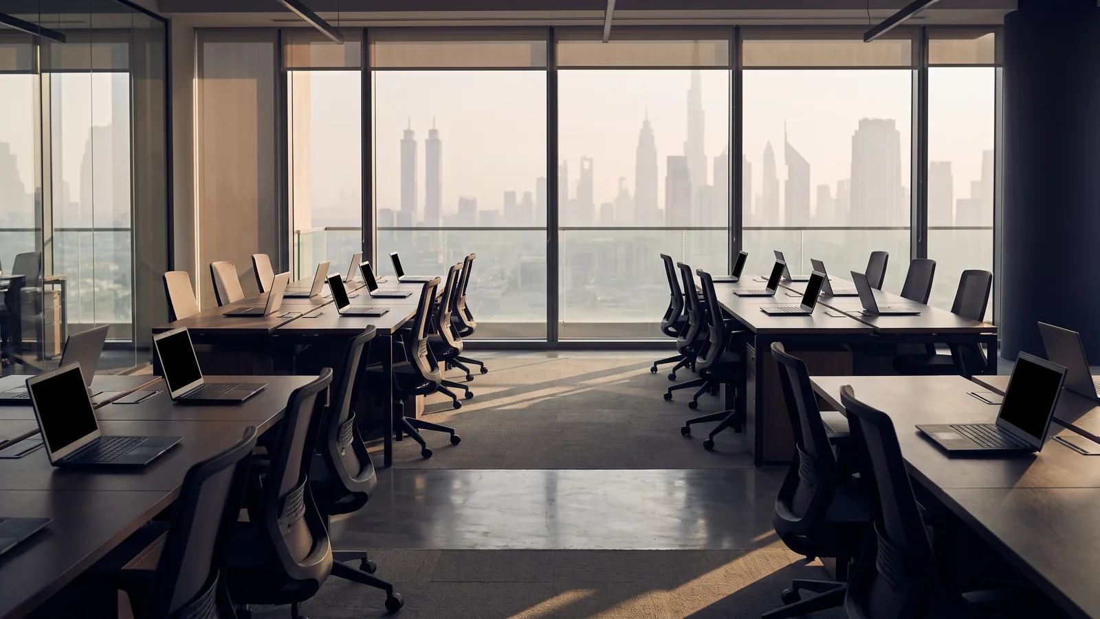 A modern Dubai brokerage floor at eight in the morning, chairs tucked in and a laptop open on every desk with the screens dark