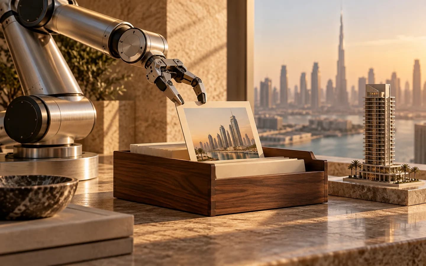 A mechanical arm sorts property cards beside a tower scale model.
