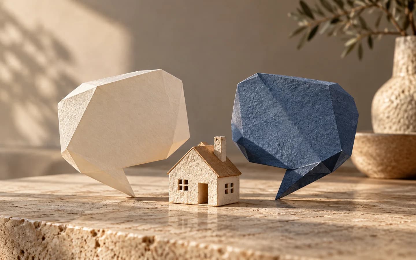 Two handcrafted paper speech bubbles beside a small clay house.