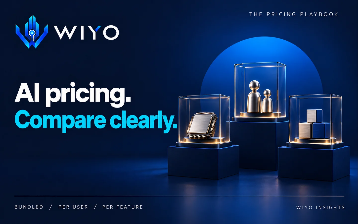 WIYO: AI pricing. Compare clearly. Three elegant separated glass display cases on navy plinths containing a single silver microchip, a pair of metal human-form tokens, and neatly stacked modular cubes respectively.