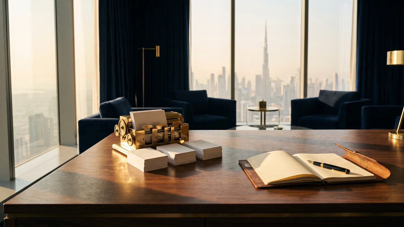 A brass card-sorting machine beside three neat stacks of blank cards and an open notebook with a fountain pen on a walnut desk, the Dubai skyline and Burj Khalifa behind