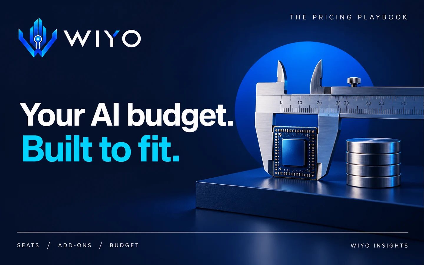 WIYO: Your AI budget. Built to fit. A machined silver measuring caliper precisely frames a cobalt microchip, a short stack of unmarked silver discs beside it, all on a navy platform.
