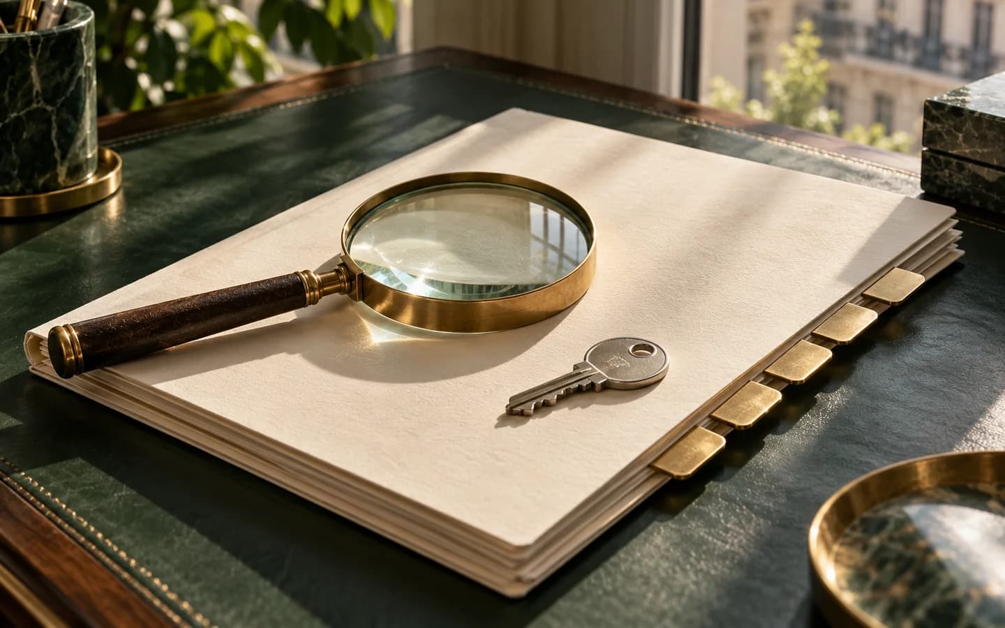 A brass-rimmed magnifying glass over a cream property folder with five tabs and a key.