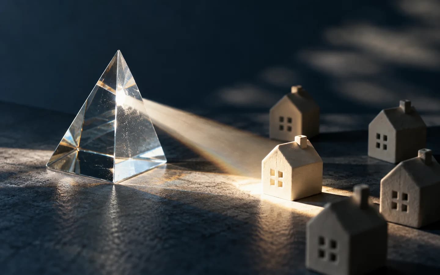 A glass prism directs light toward one miniature ivory house.