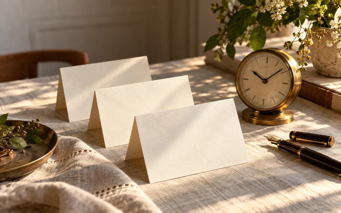Correspondence cards, a brass clock and fountain pen on a linen desk.