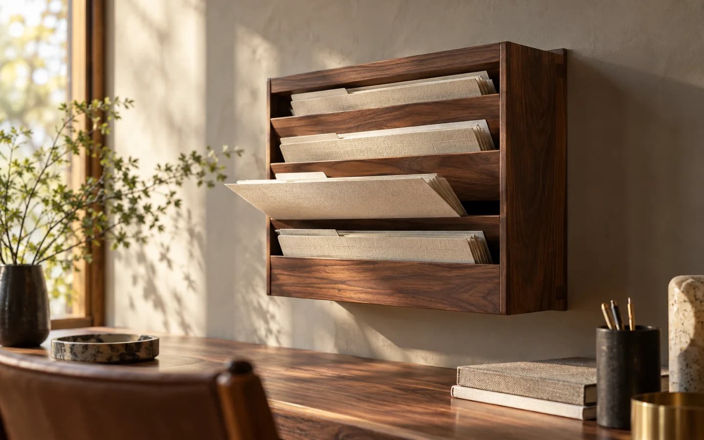 Linen folders neatly arranged in a walnut office sorting rack.
