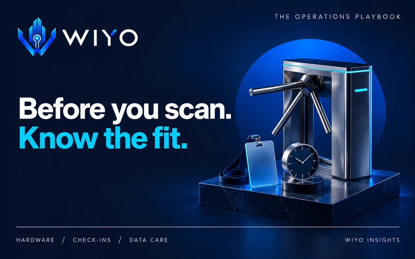WIYO: Before you scan. Know the fit. An office turnstile, employee badge and clock.