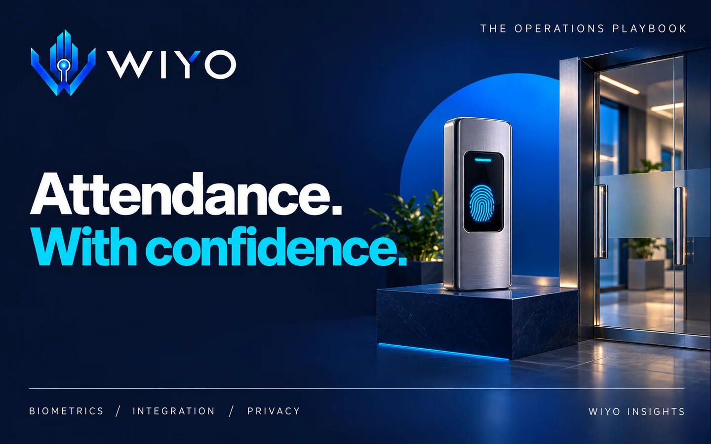WIYO: Attendance. With confidence. A silver biometric reader beside an office entrance.