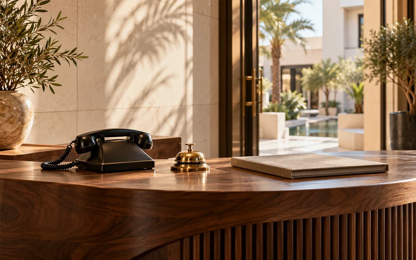A telephone, brass service bell and linen folder on a walnut property concierge desk.
