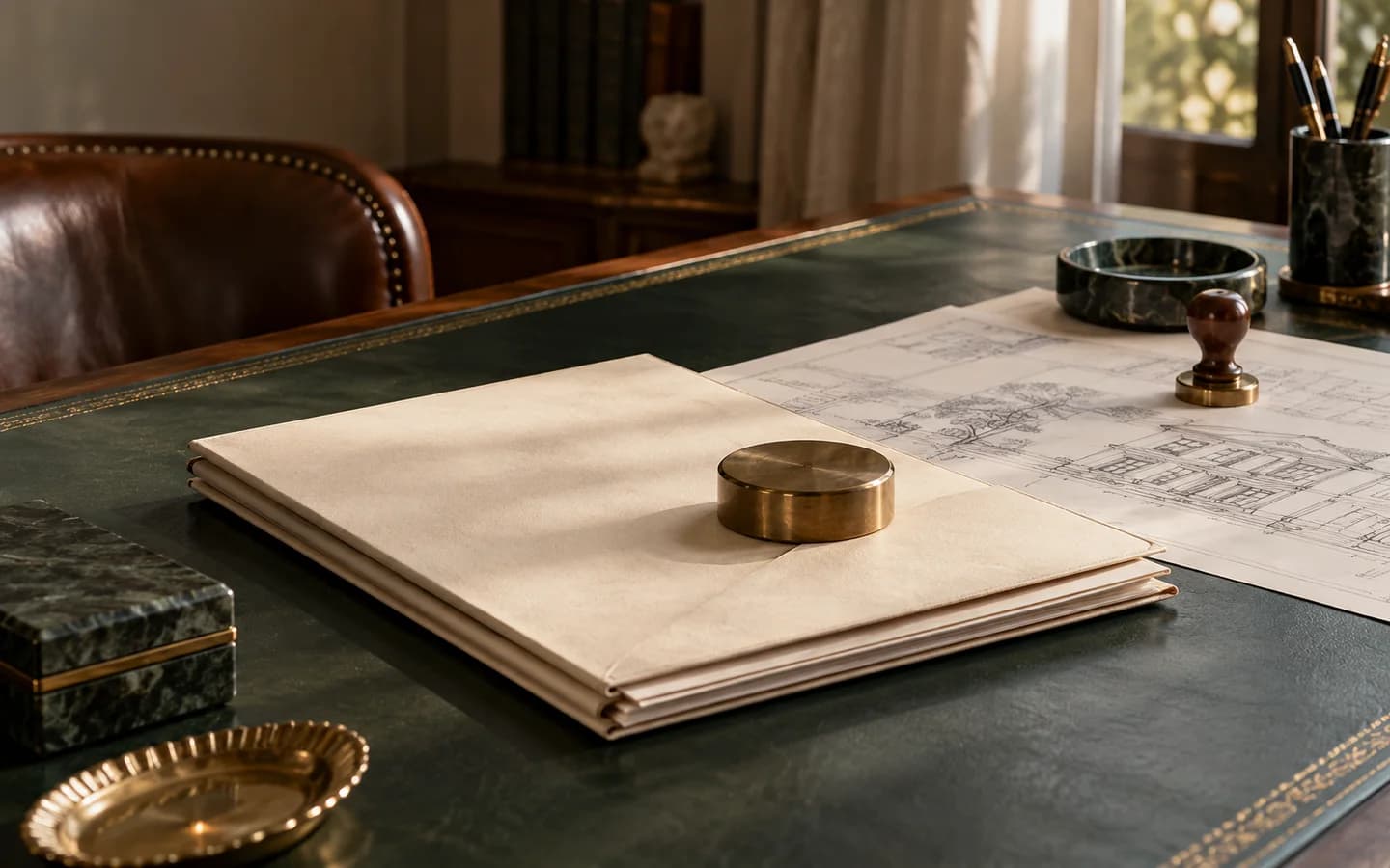 An ivory document folder, brass paperweight and seal beside a building plan.