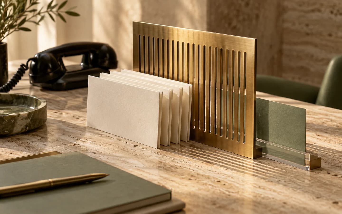 Ivory cards pause at a brass screen beside a telephone receiver and a sage card.