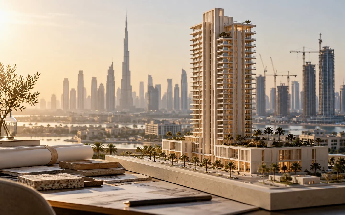 A residential tower scale model with Dubai construction cranes beyond.