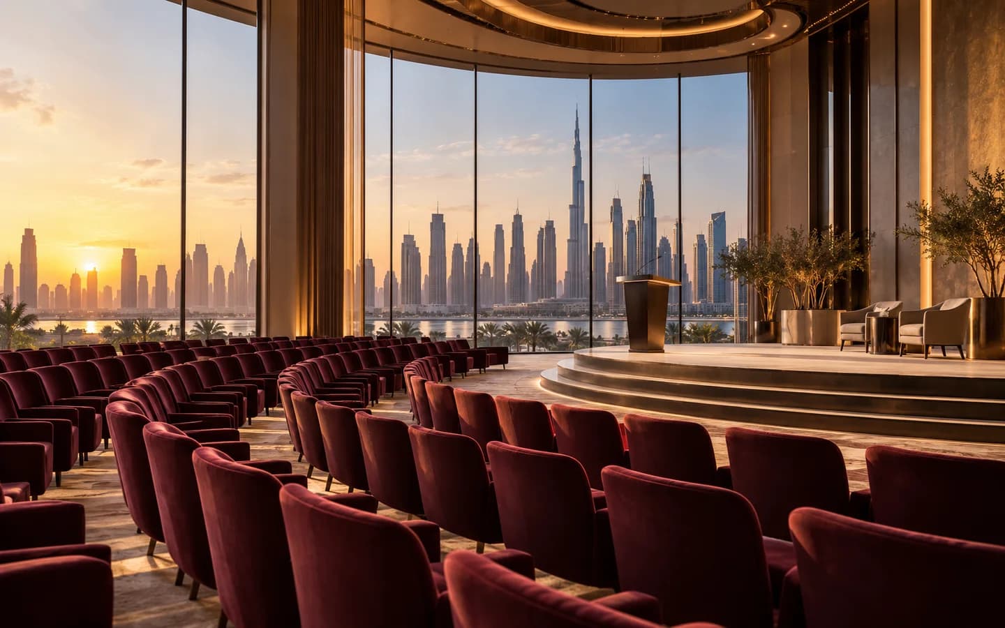 Burgundy seats and a sunlit stage in a contemporary Dubai conference hall.