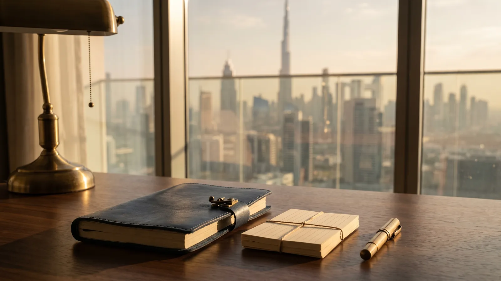 A closed navy leather diary, a tied stack of blank cards and a brass pen on a walnut desk by a window over Dubai.