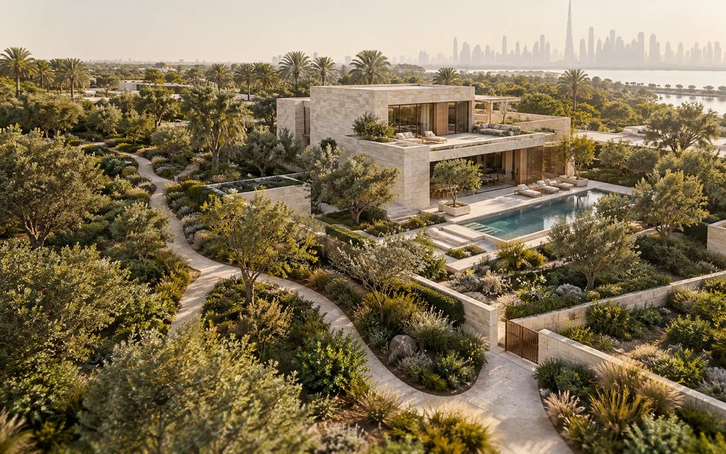 Garden paths converge on a contemporary villa among olive-green landscaping.