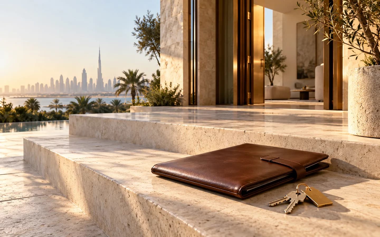 Stone steps lead to a sunlit doorway with a leather folio and property keys.
