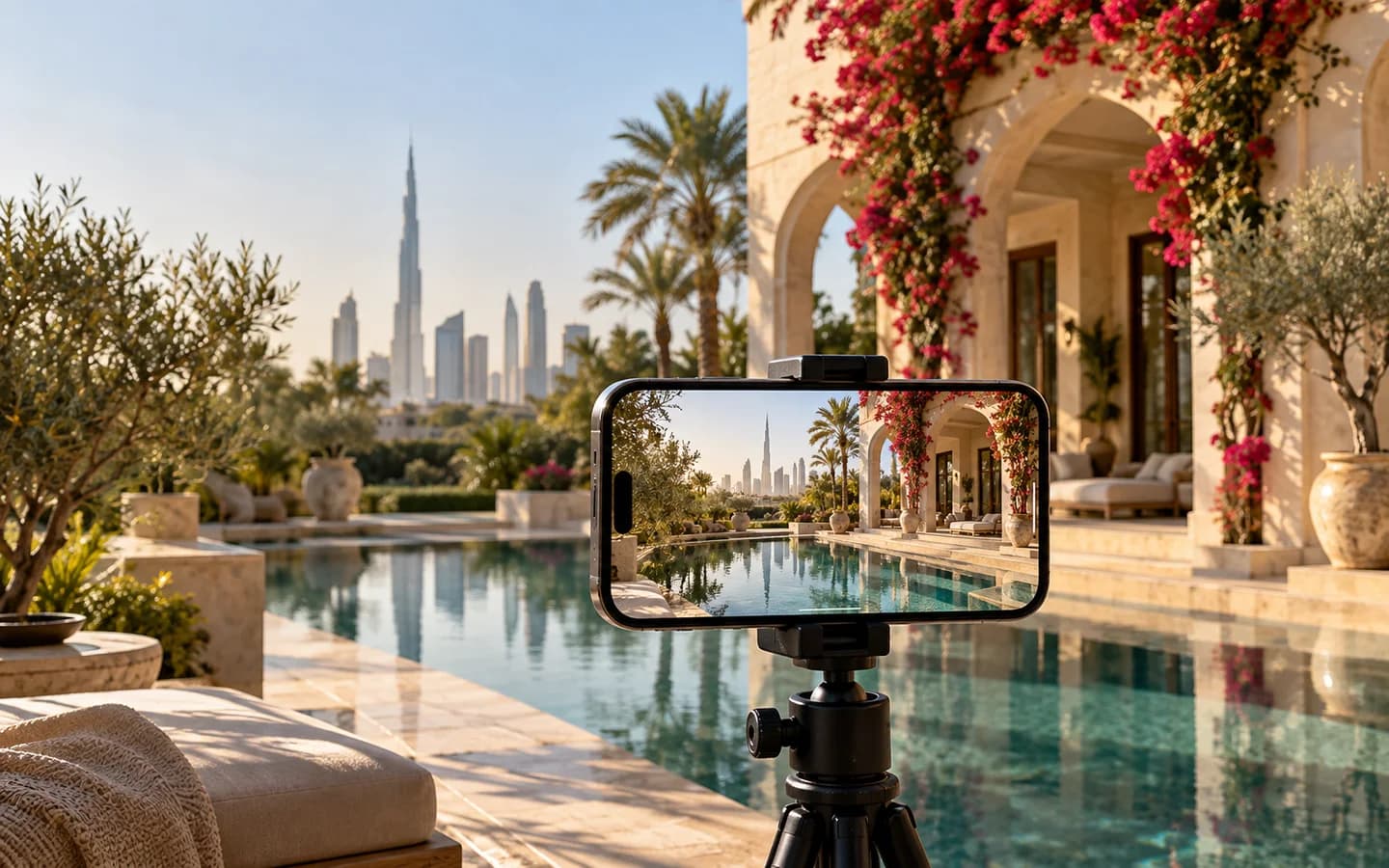 A phone on a tripod photographs a sunlit villa courtyard and pool.