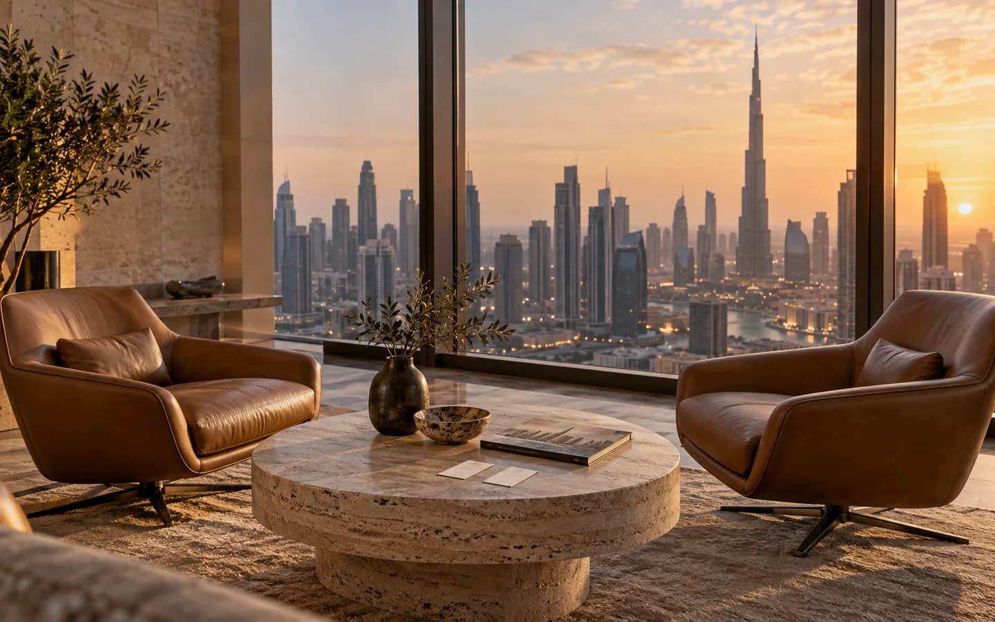 Two leather chairs and business cards in a refined Dubai business lounge.