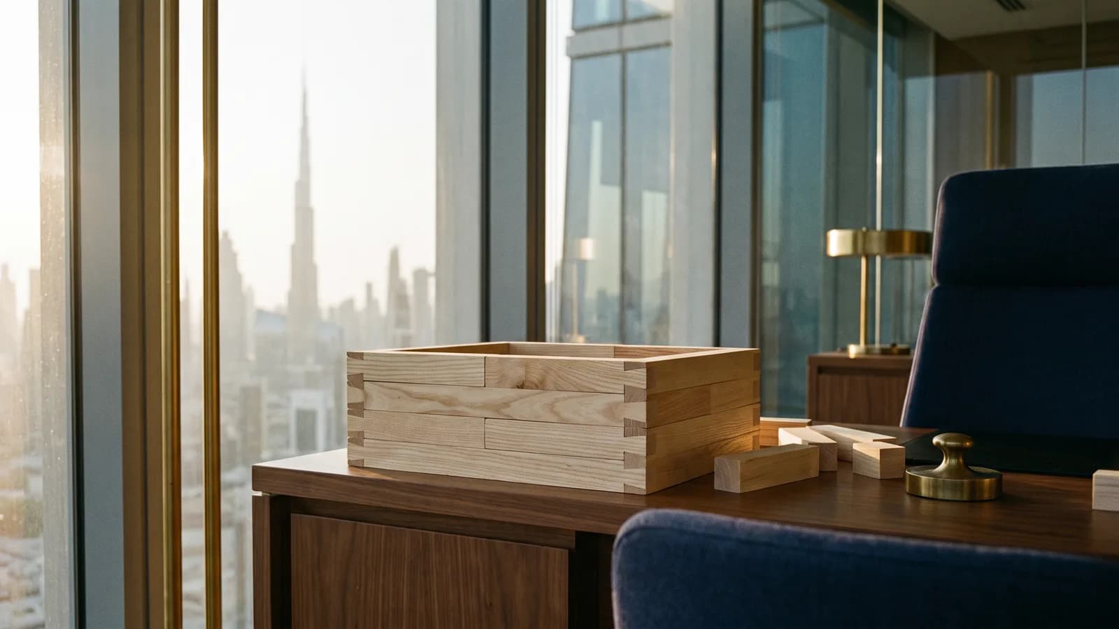 A light wooden box joined with dovetail corners, loose wooden pieces beside it, on a walnut desk in a Dubai office.