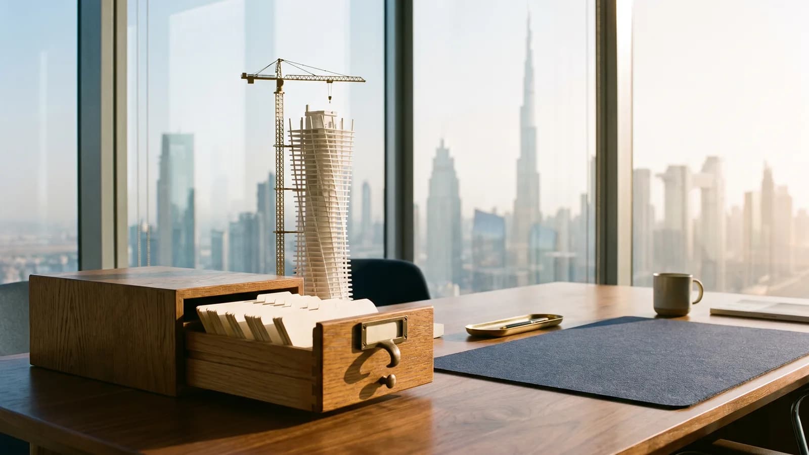 A white model tower under construction with a small crane beside an oak card-index drawer of blank cards, the Dubai skyline behind.