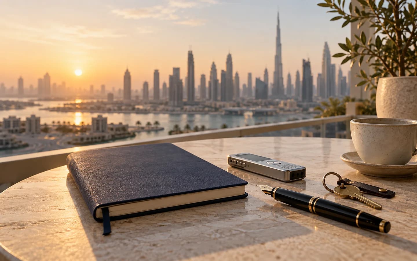 A voice recorder, notebook and property key on a Dubai balcony table.
