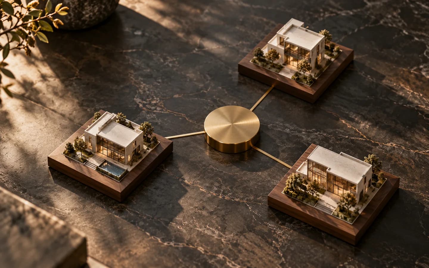 Three ivory office models on walnut bases connect to one central brass hub.