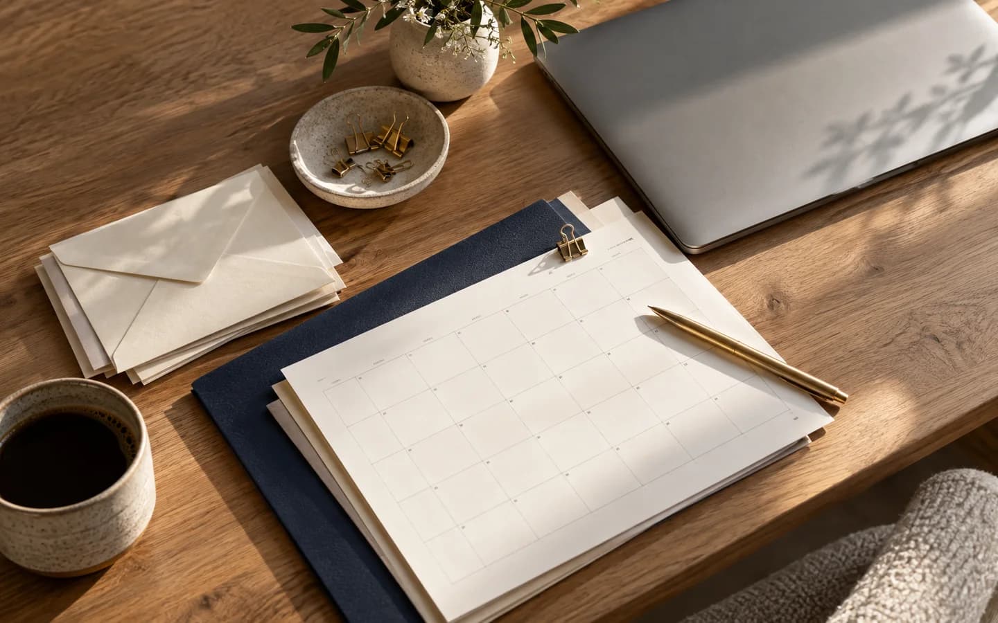 Envelopes, a blank calendar, laptop and folder arranged on an oak desk.