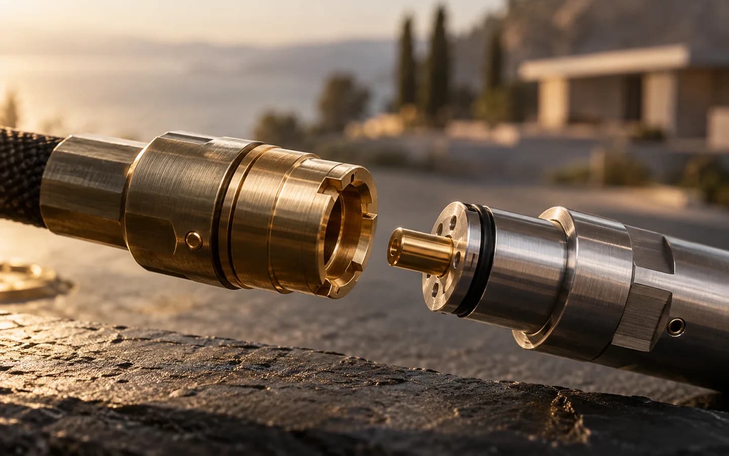 Brass and aluminium connectors align above a slate surface.