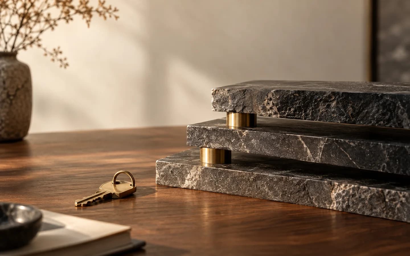 Brass dividers measure stepped stone slabs beside a property key.